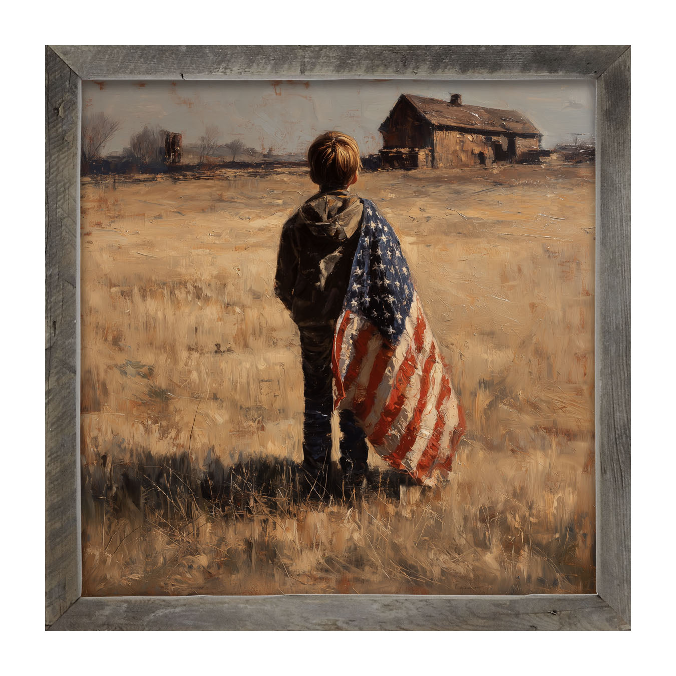 Child With Flag - Boy at Farm - Framed Art