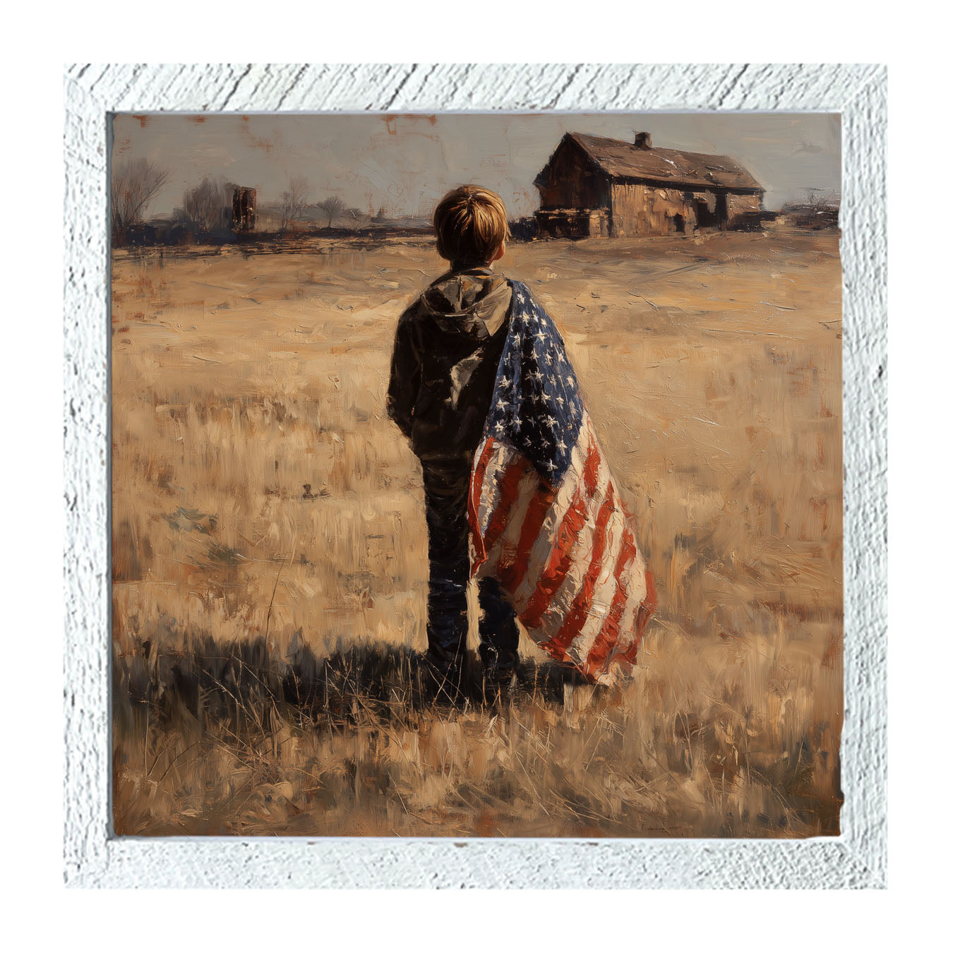 Child With Flag - Boy at Farm - Framed Art