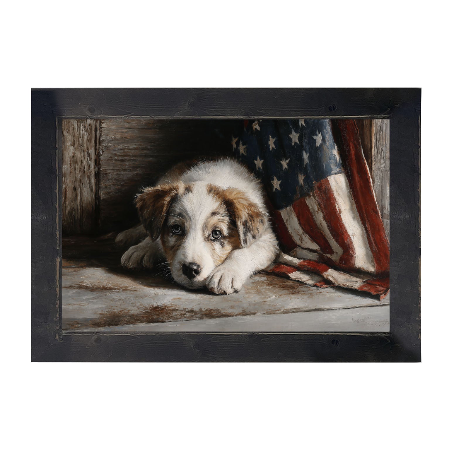 White and Brown Dog Resting near Flag - Framed Art