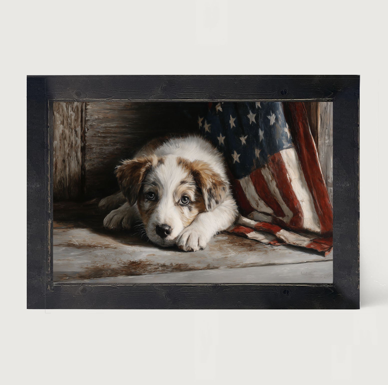 White and Brown Dog Resting near Flag