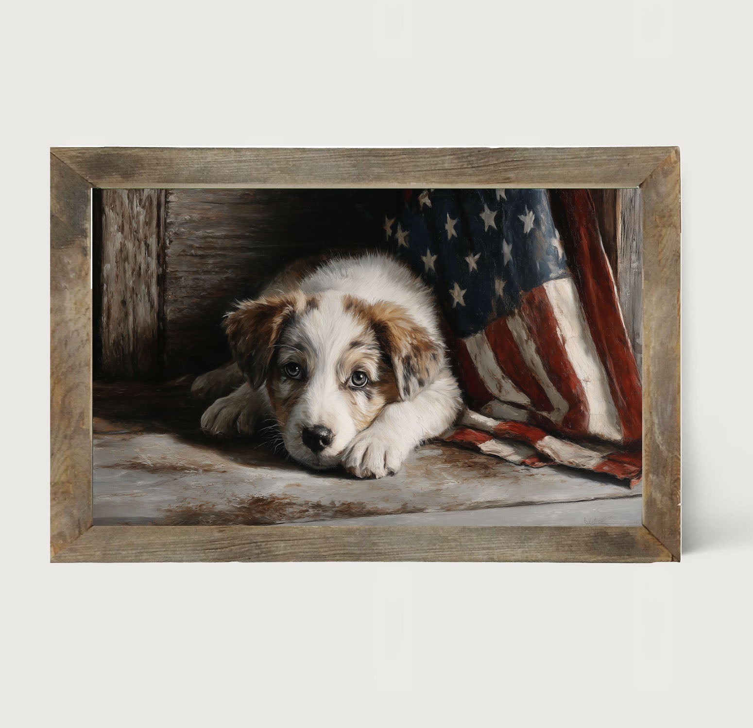 White and Brown Dog Resting near Flag