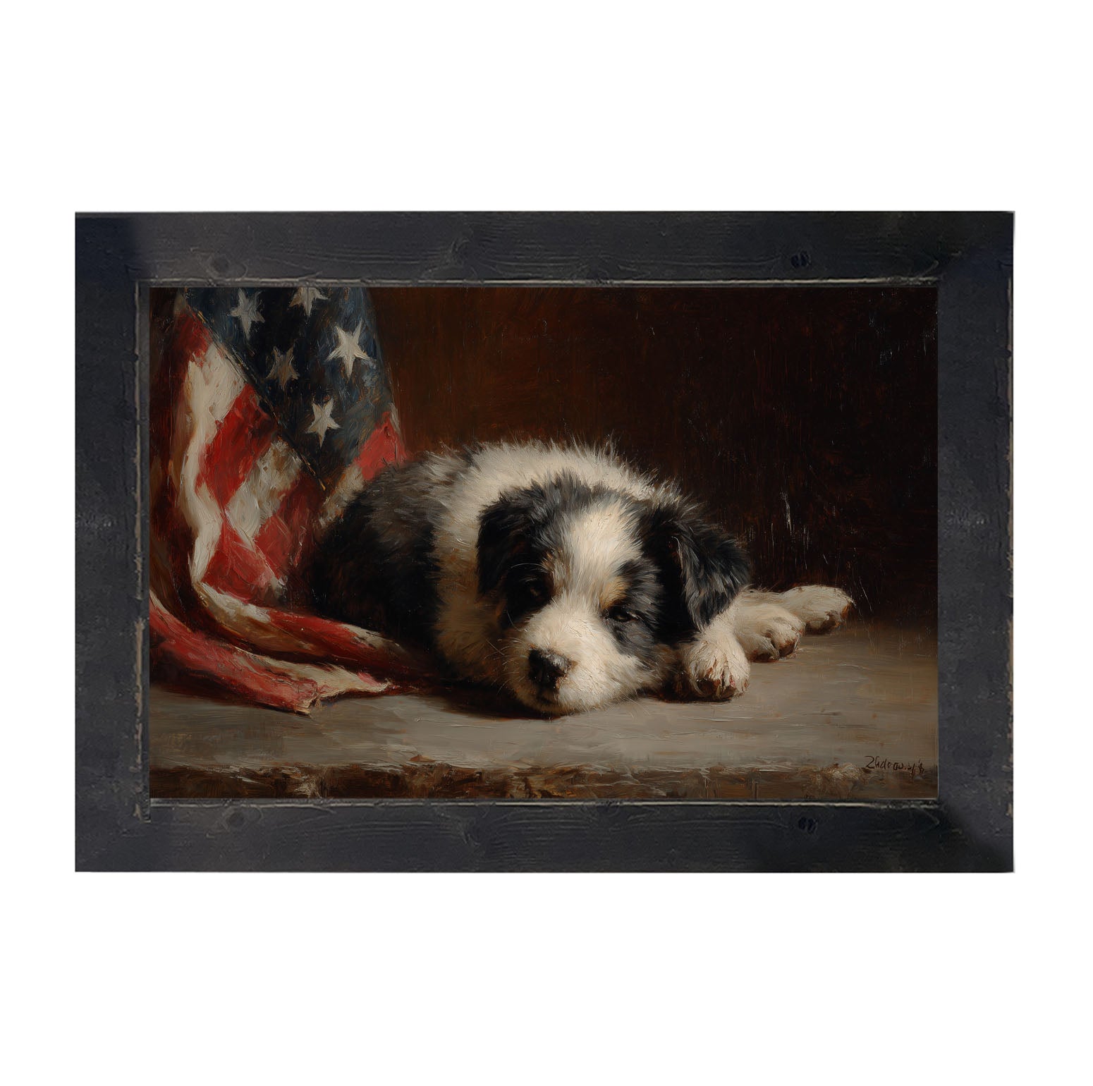 Black and White Dog Resting near Flag - Framed Art