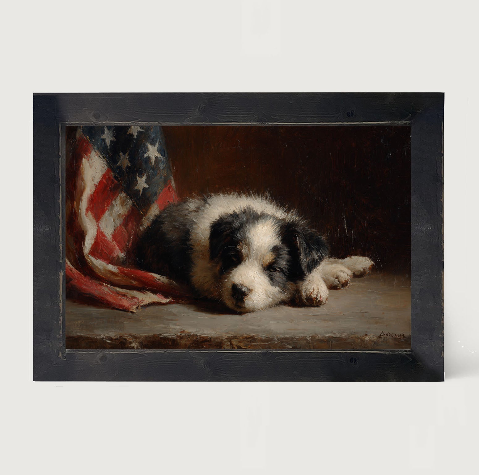 Black and White Dog Resting near Flag - Framed Art
