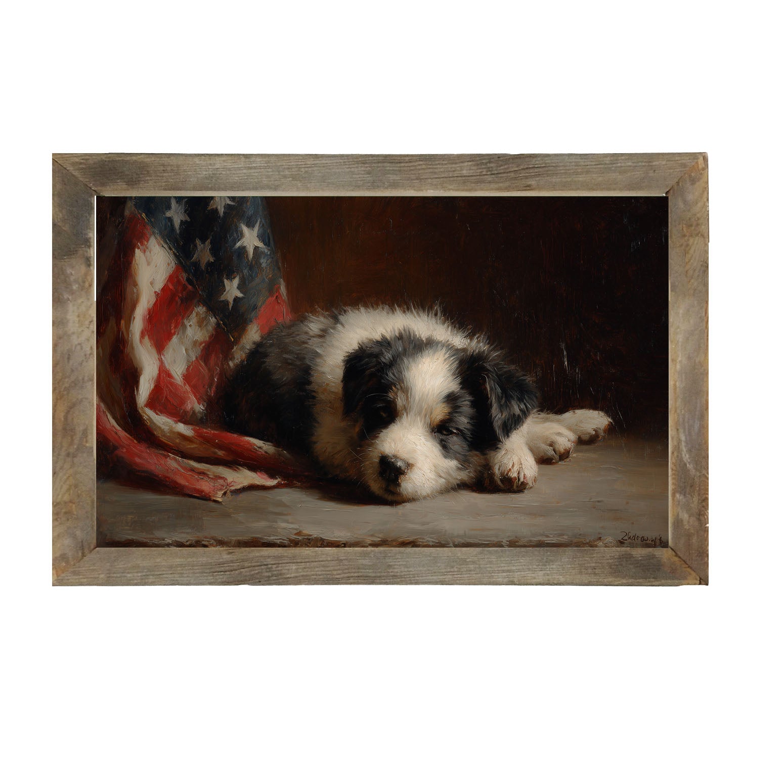 Black and White Dog Resting near Flag - Framed Art