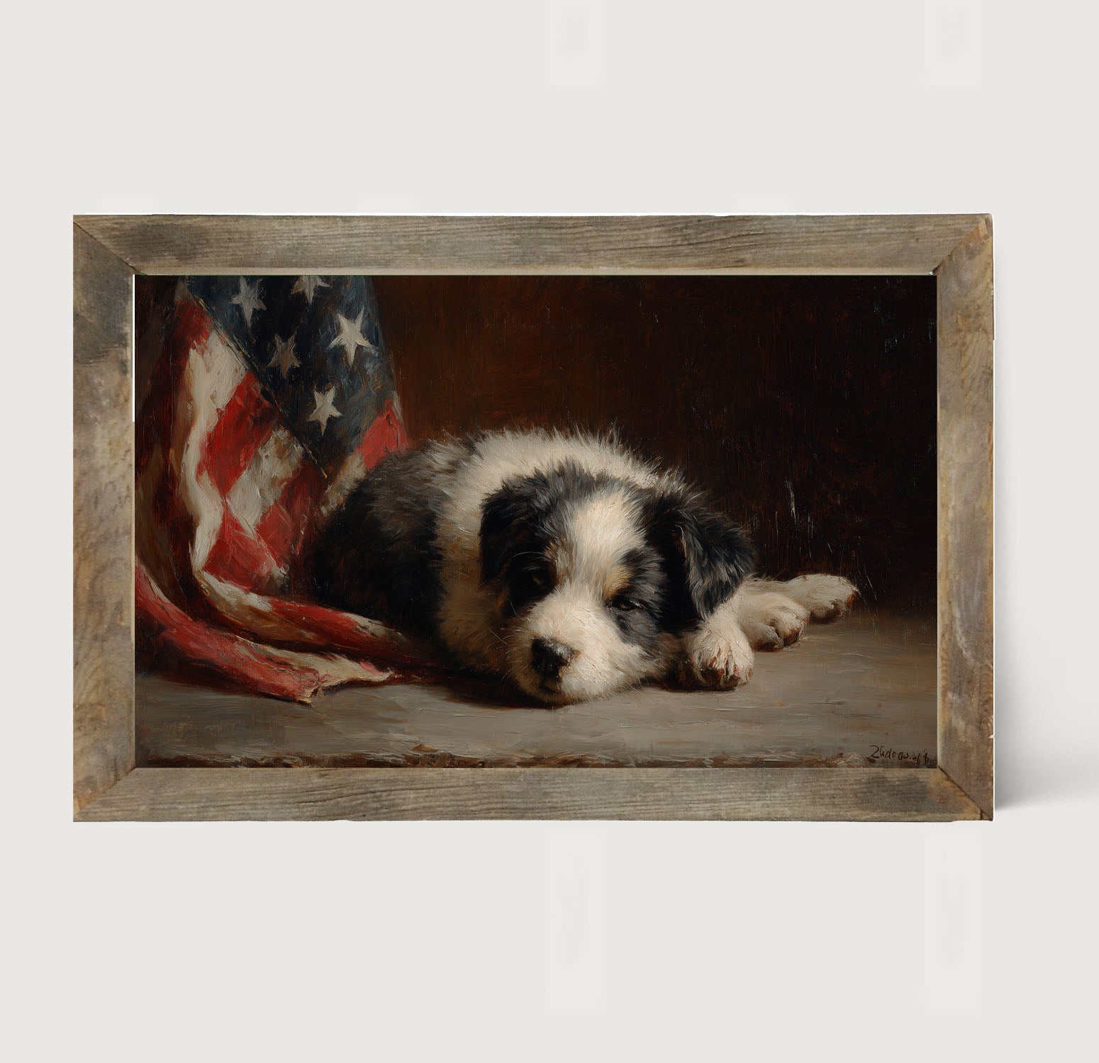 Black and White Dog Resting near Flag - Framed Art