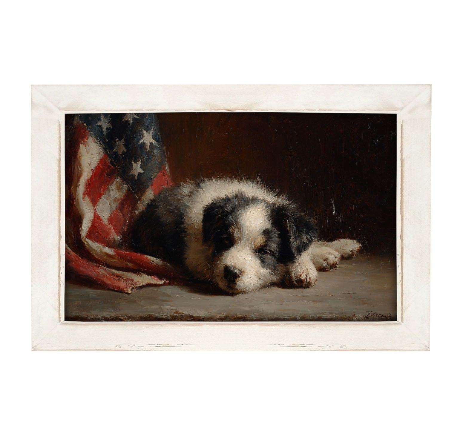 Black and White Dog Resting near Flag - Framed Art