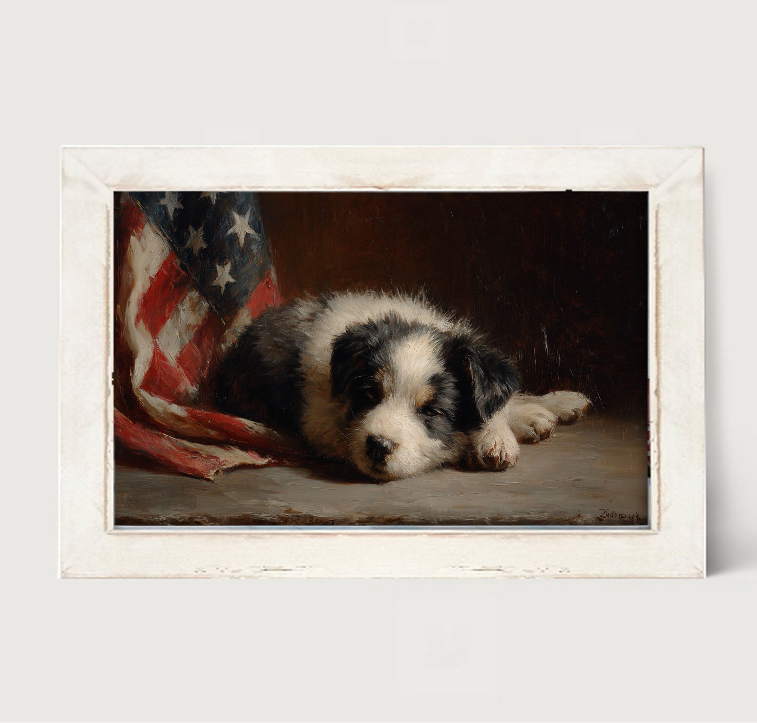 Black and White Dog Resting near Flag - Framed Art