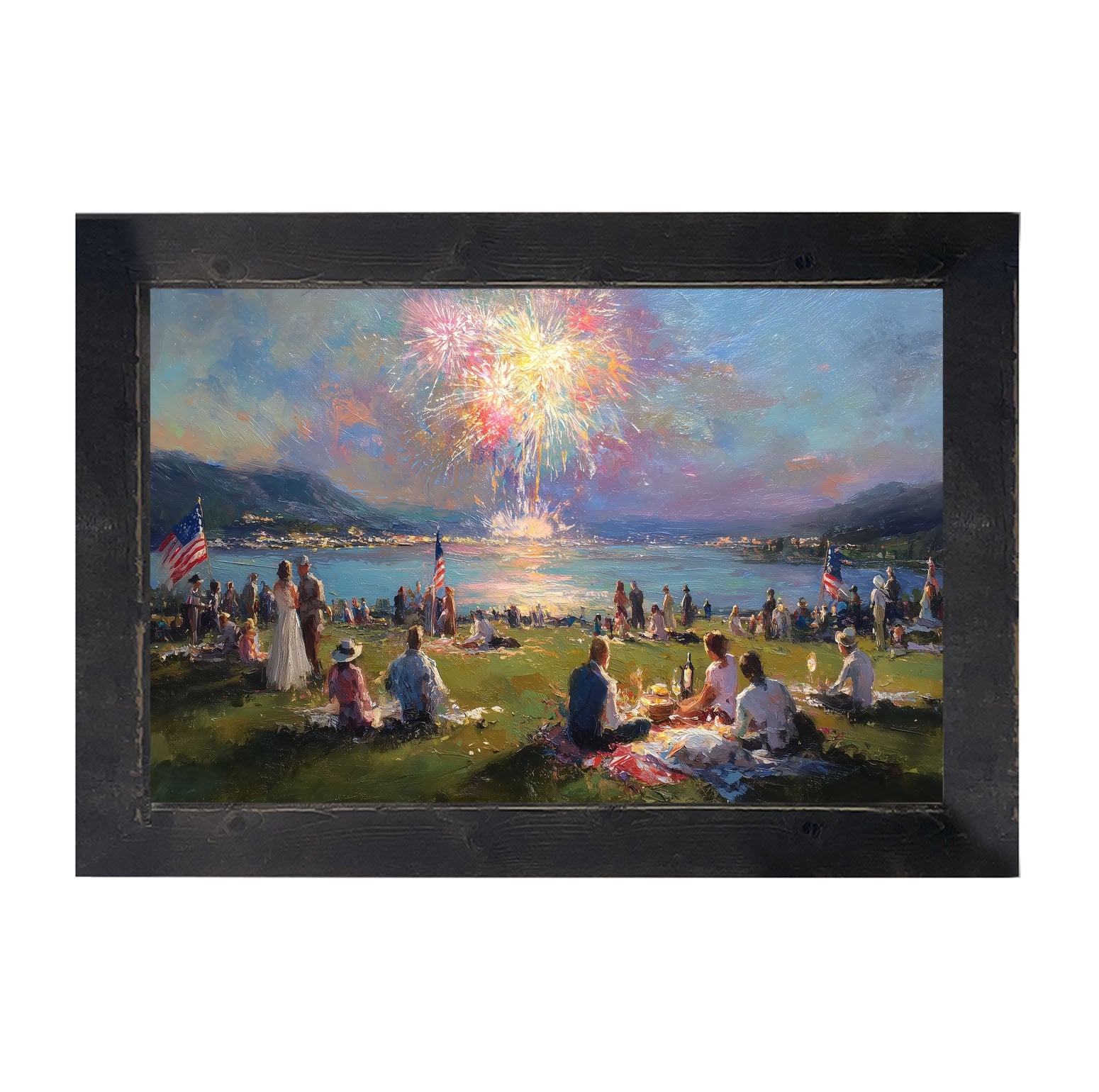 Fireworks- families at the Lake - Framed Art