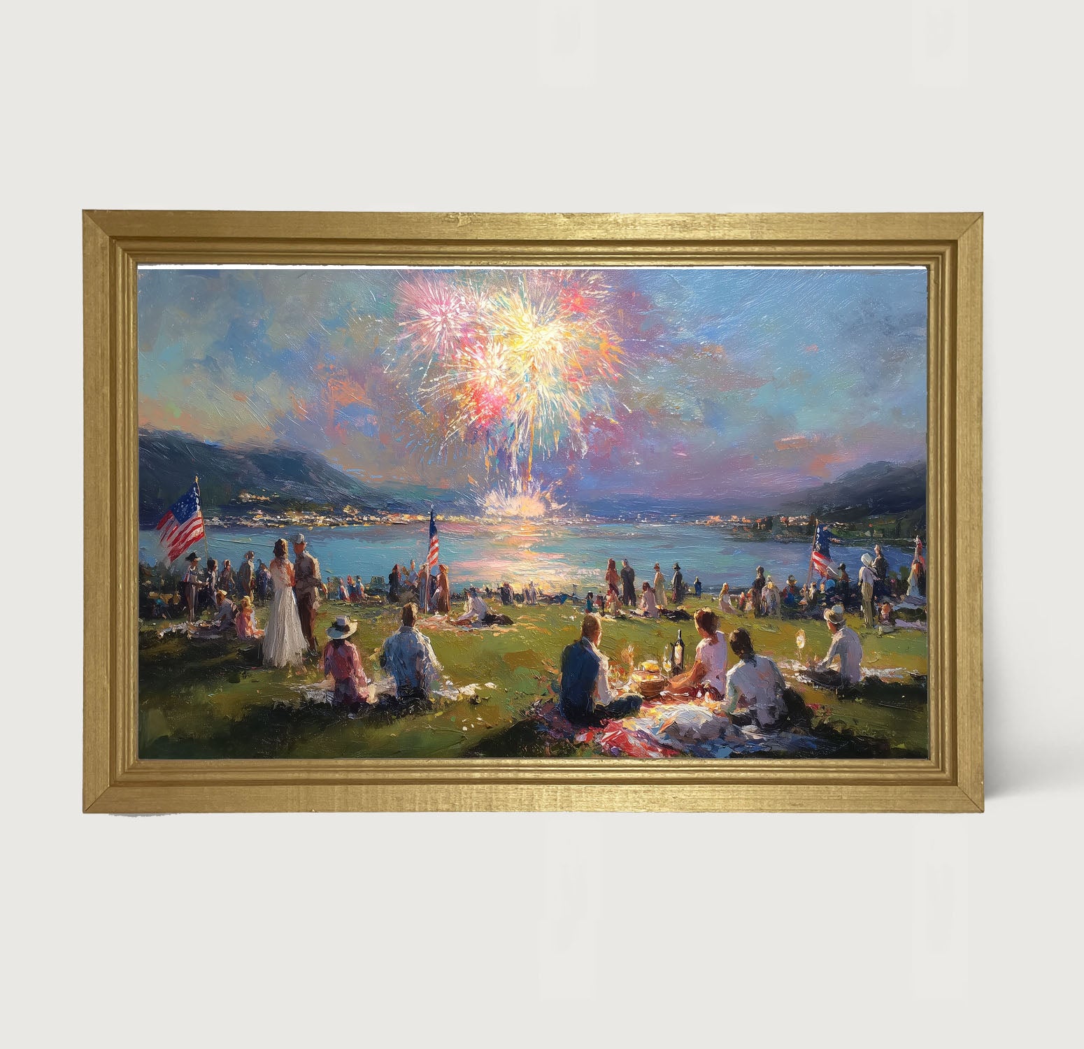 Fireworks- families at the Lake - Framed Art