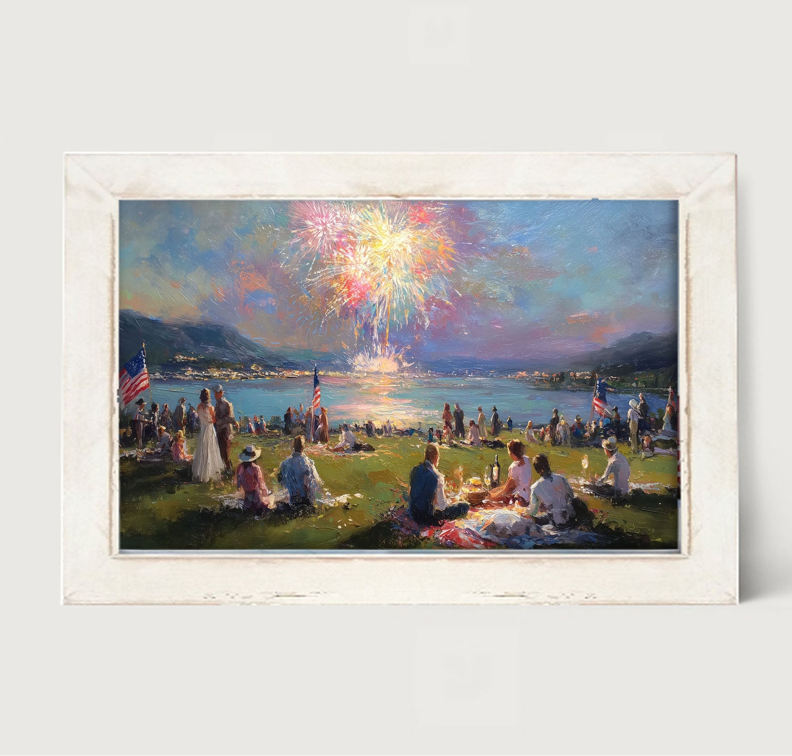 Fireworks- families at the Lake - Framed Art