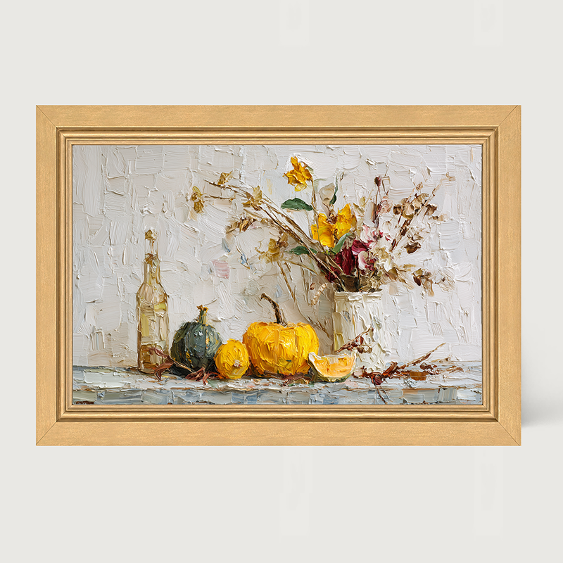 Sideboard Still Life - Pumpkins with Rustic Floral Arrangement