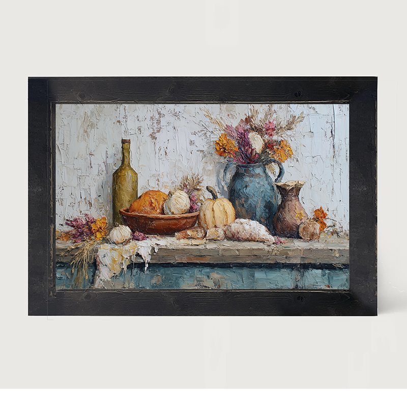 Sideboard Still Life - Pumpkins with Purple Floral Arrangement