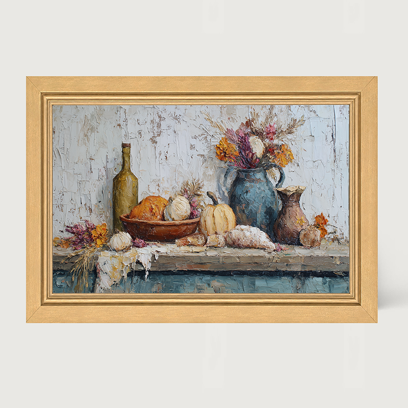 Sideboard Still Life - Pumpkins with Purple Floral Arrangement