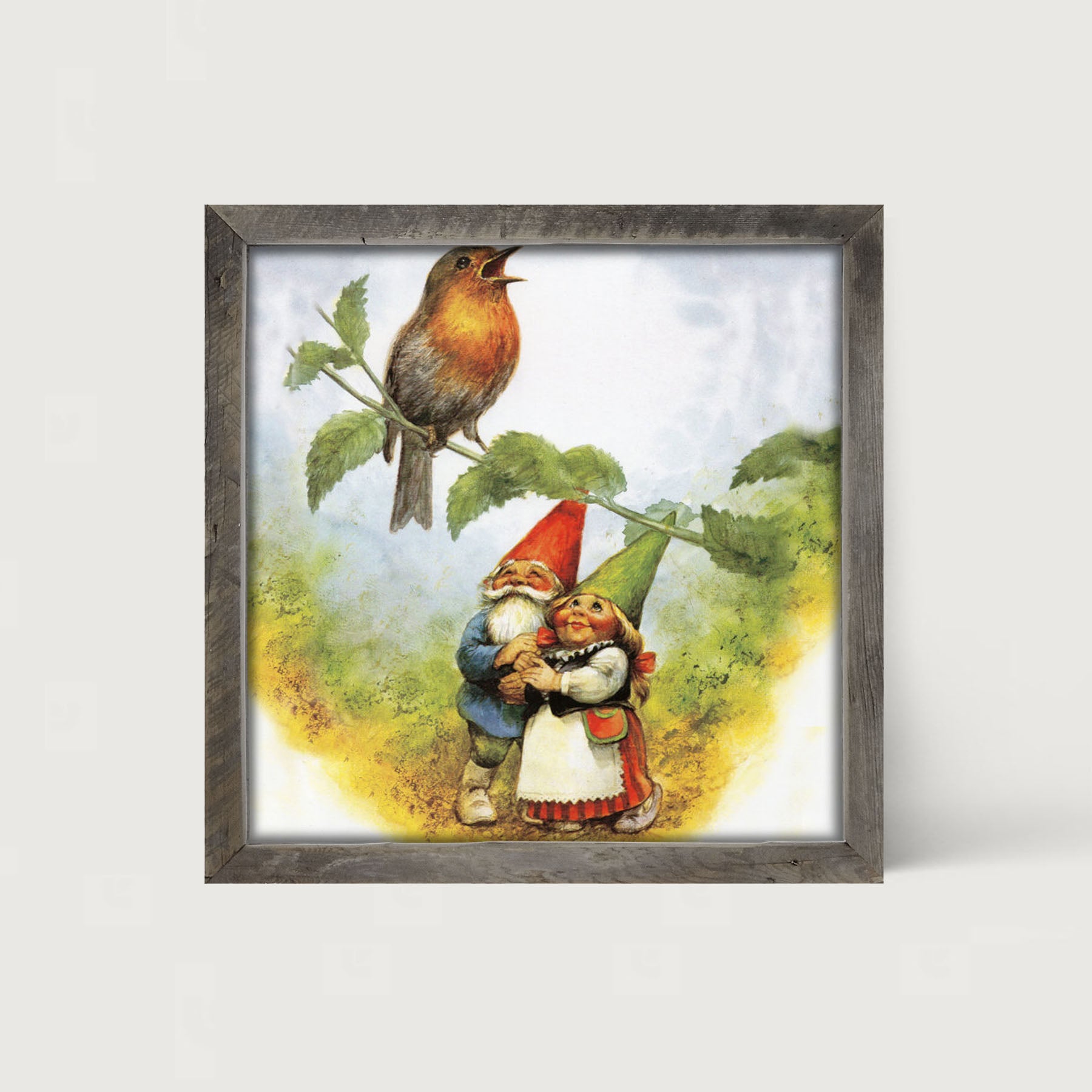 Gnomes Watching Bird - Framed art
