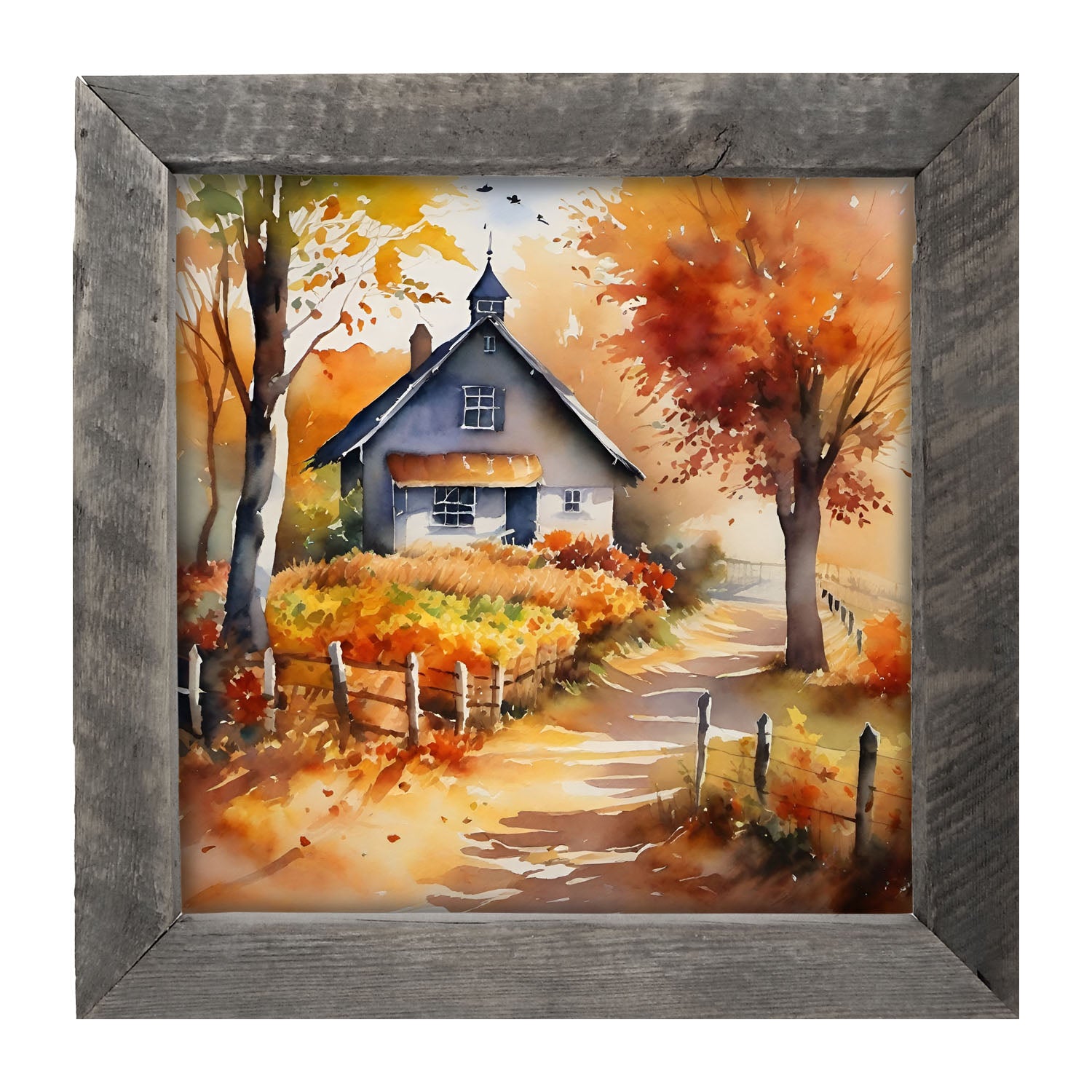 Autumn house on path - Framed art