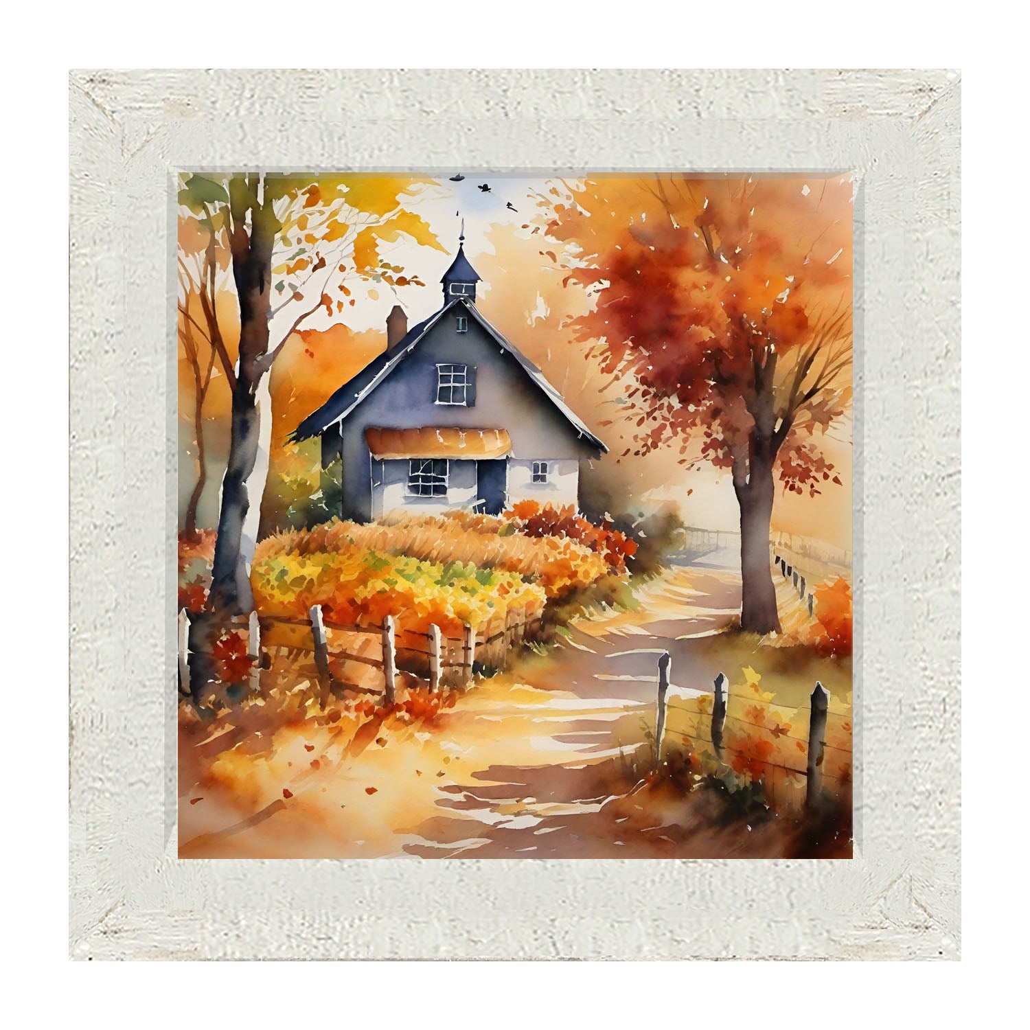 Autumn house on path - Framed art