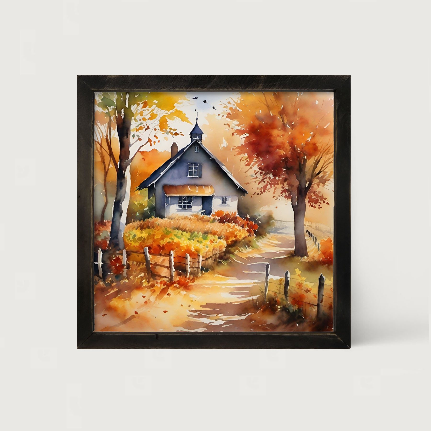 Autumn house on path - Framed art