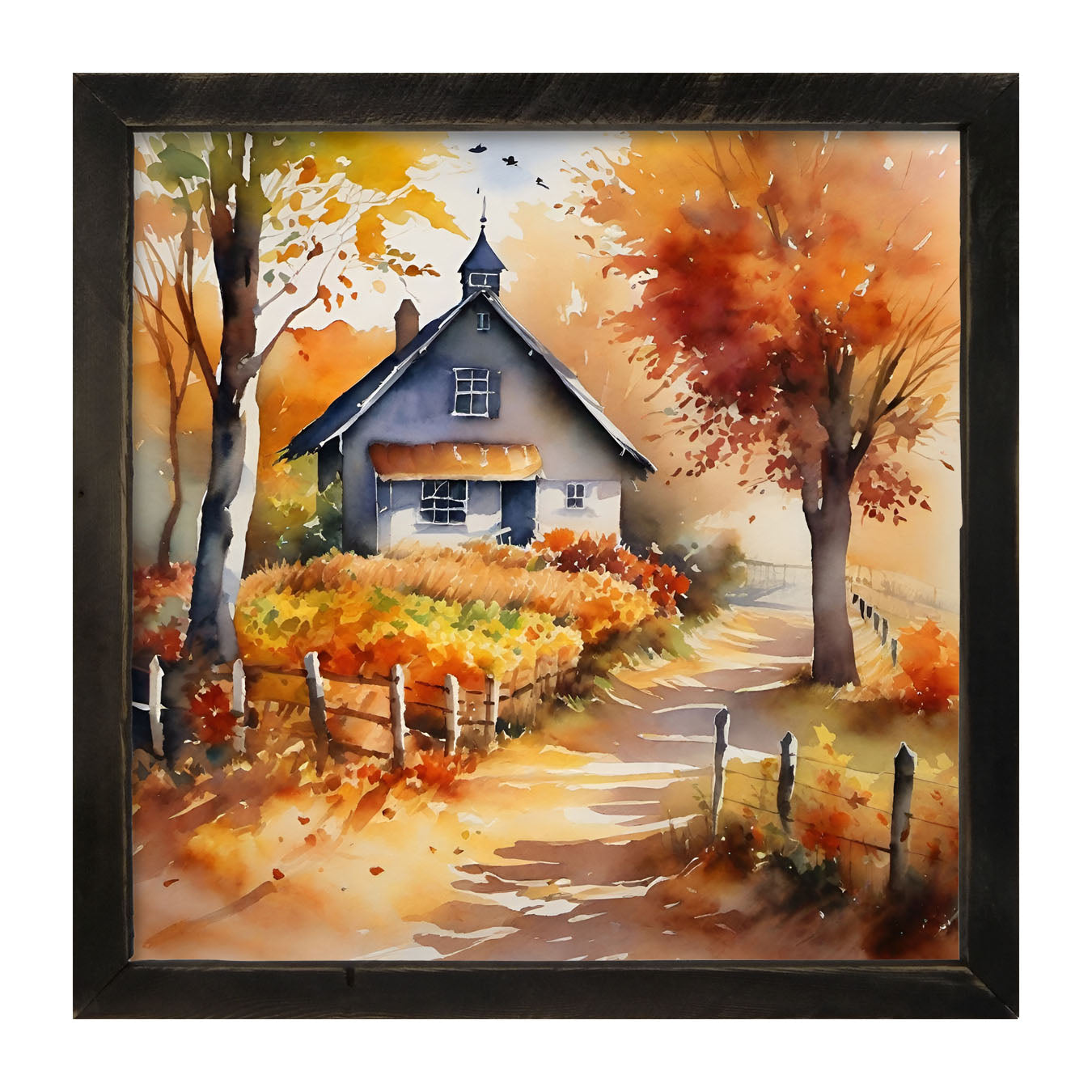 Autumn house on path - Framed art