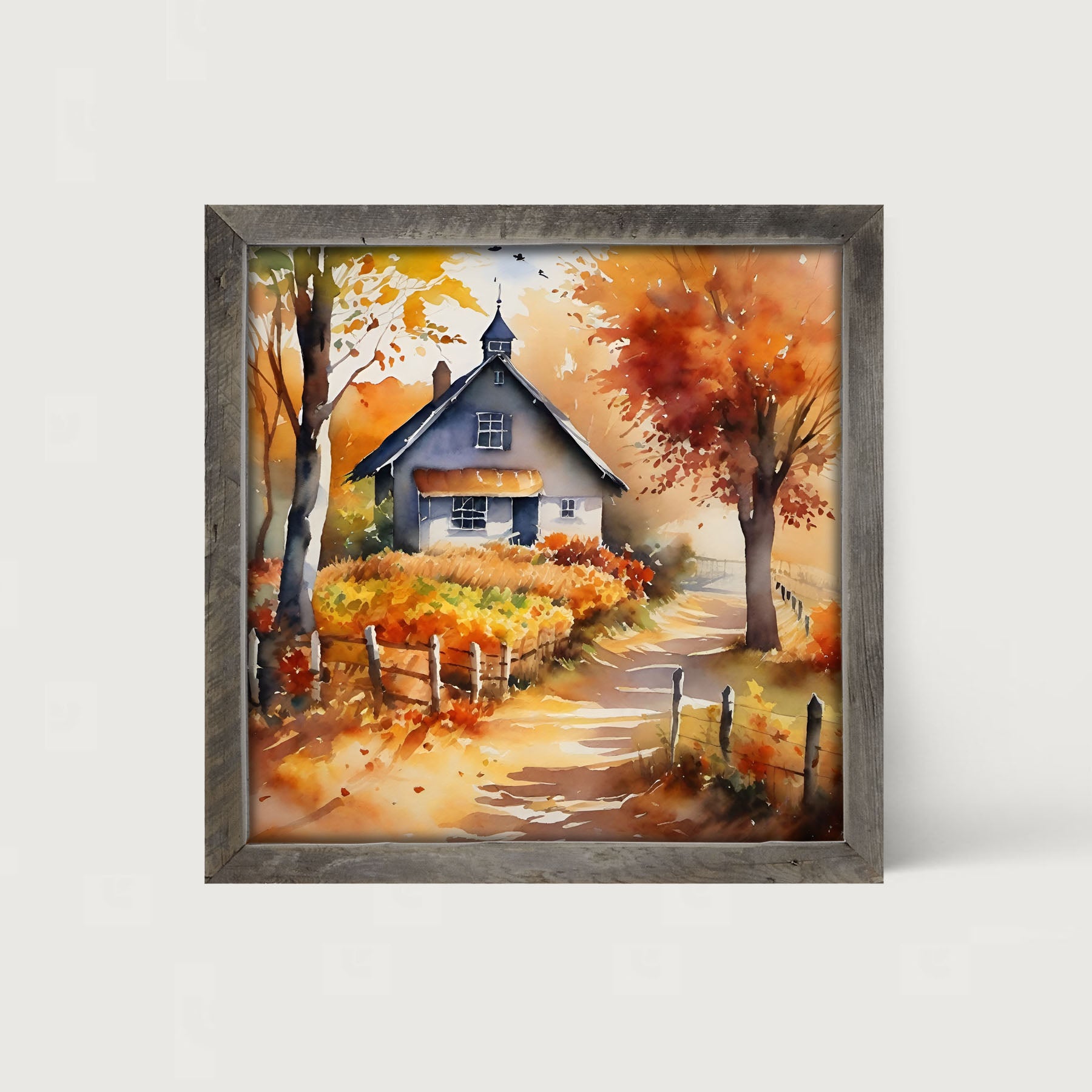 Autumn house on path - Framed art