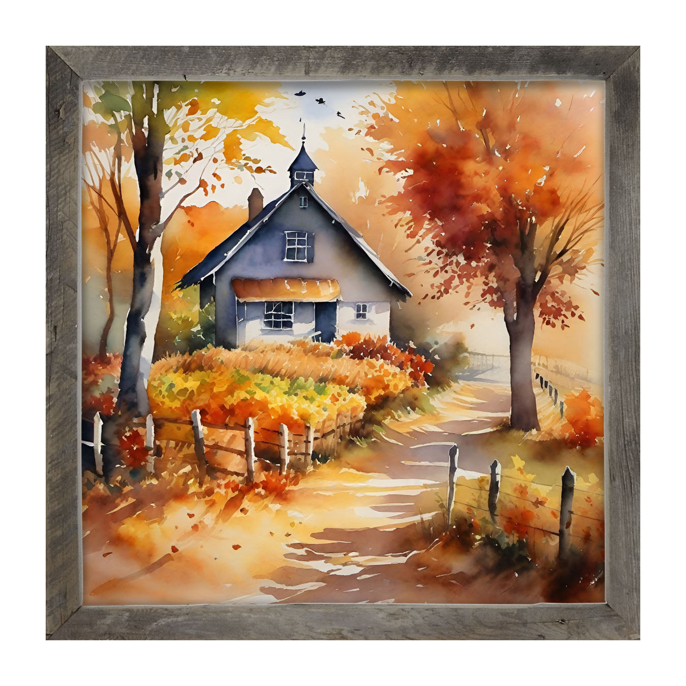 Autumn house on path - Framed art