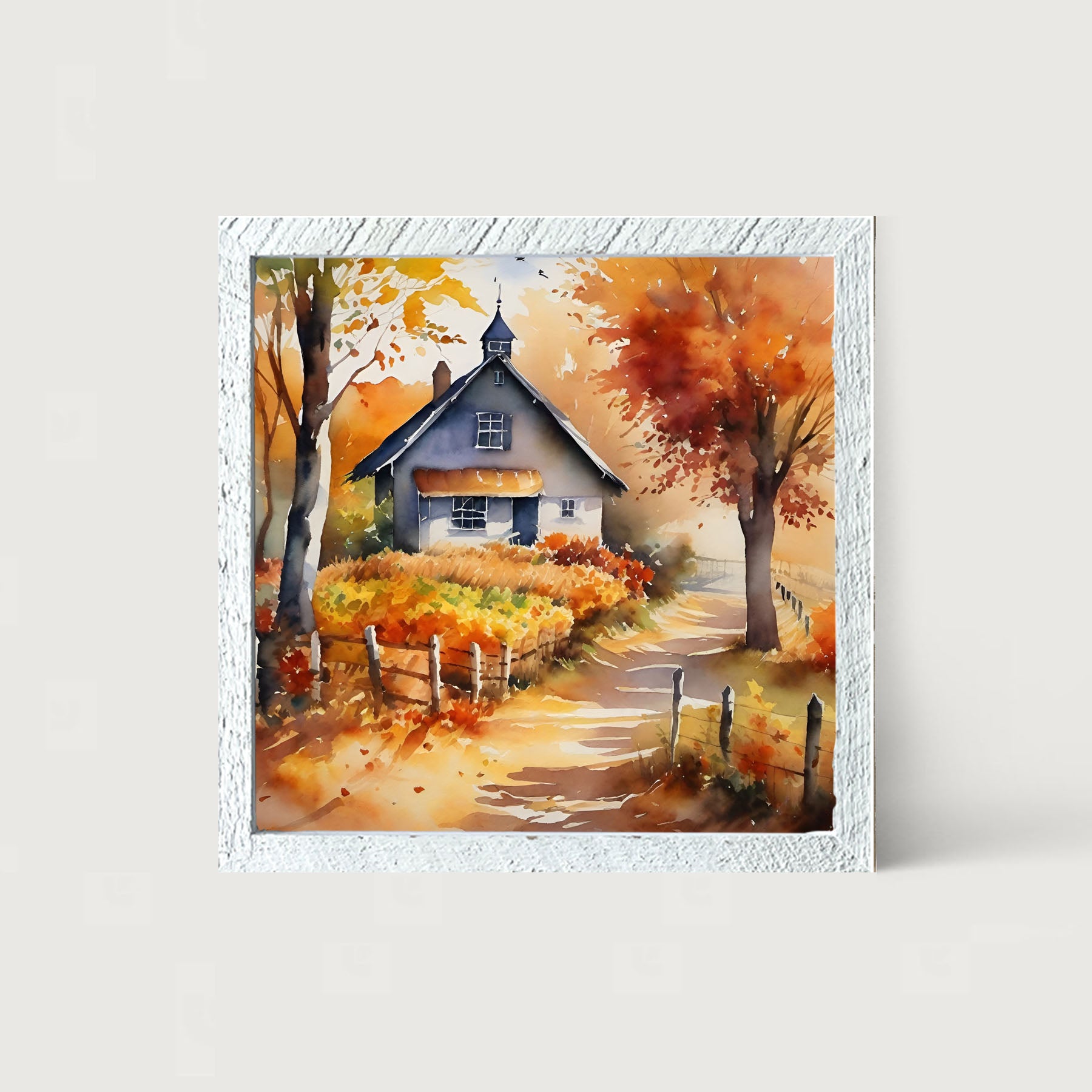 Autumn house on path - Framed art