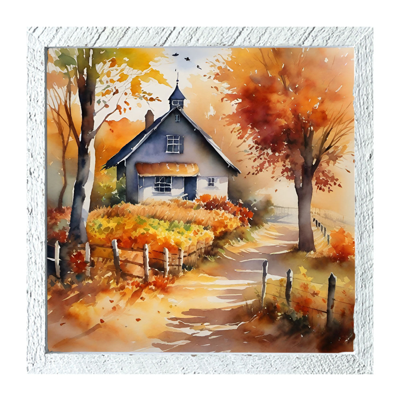 Autumn house on path - Framed art