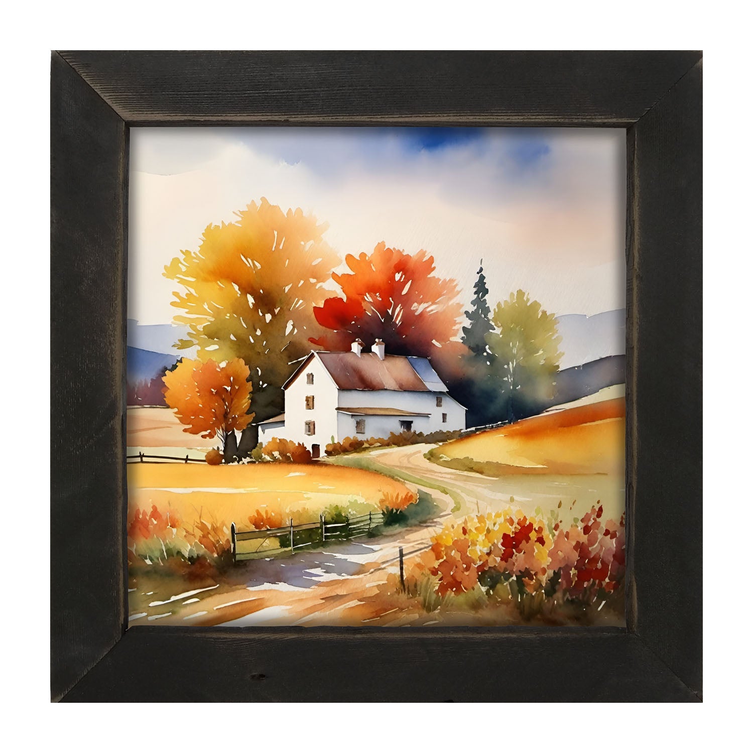 House at end of autumn driveway - Framed art
