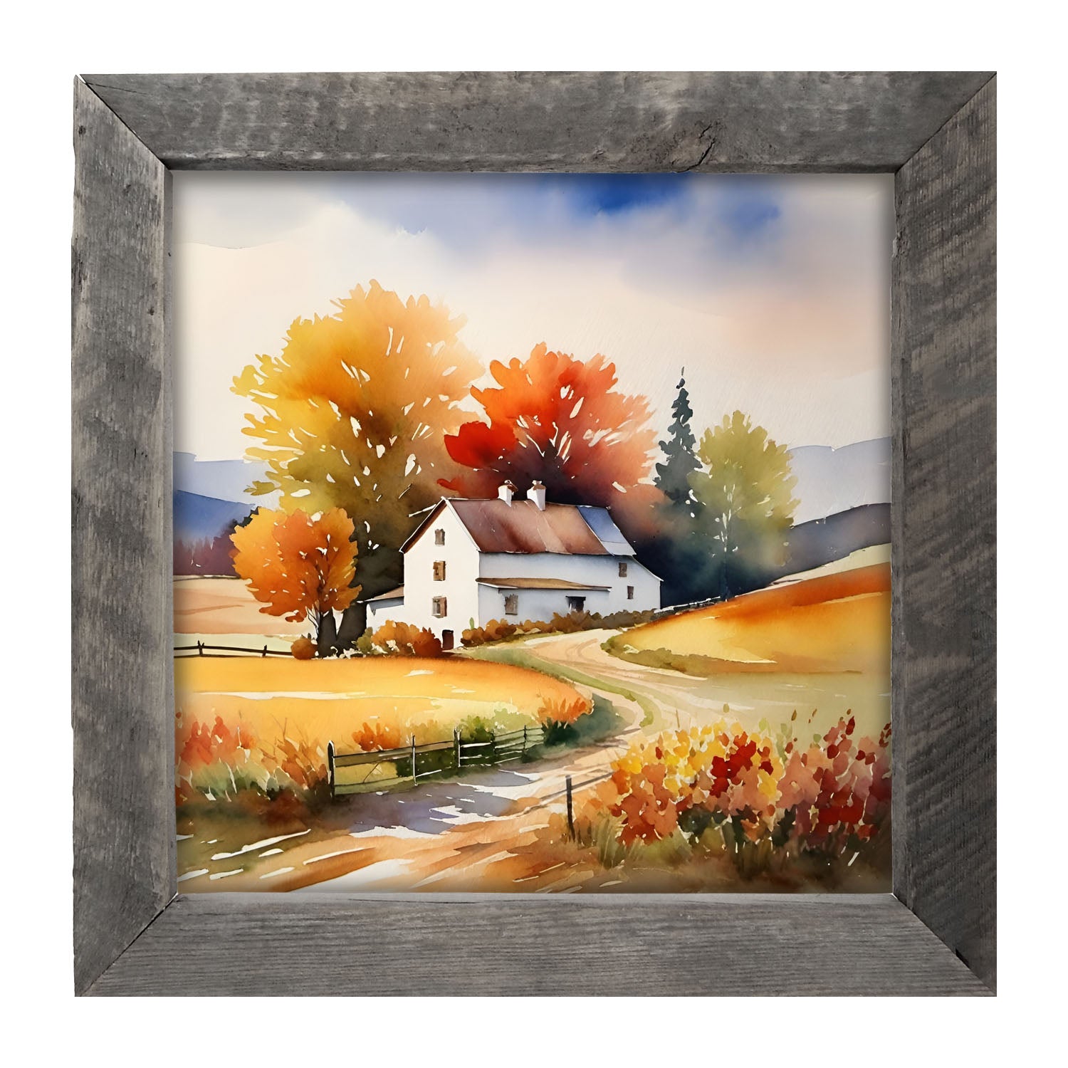 House at end of autumn driveway - Framed art