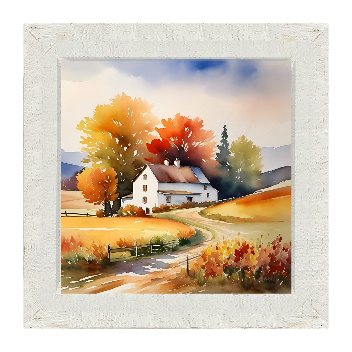 House at end of autumn driveway - Framed art
