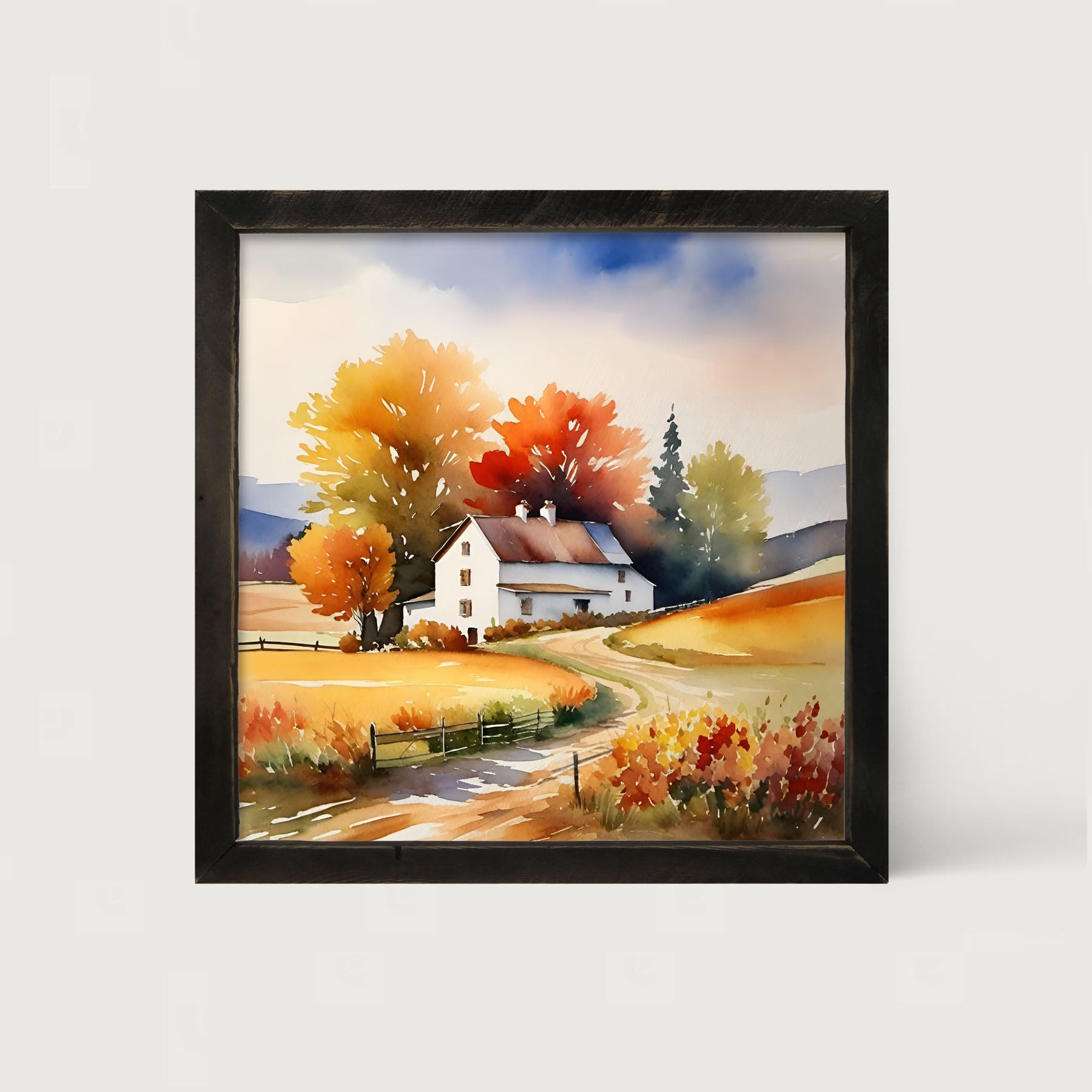 House at end of autumn driveway - Framed art