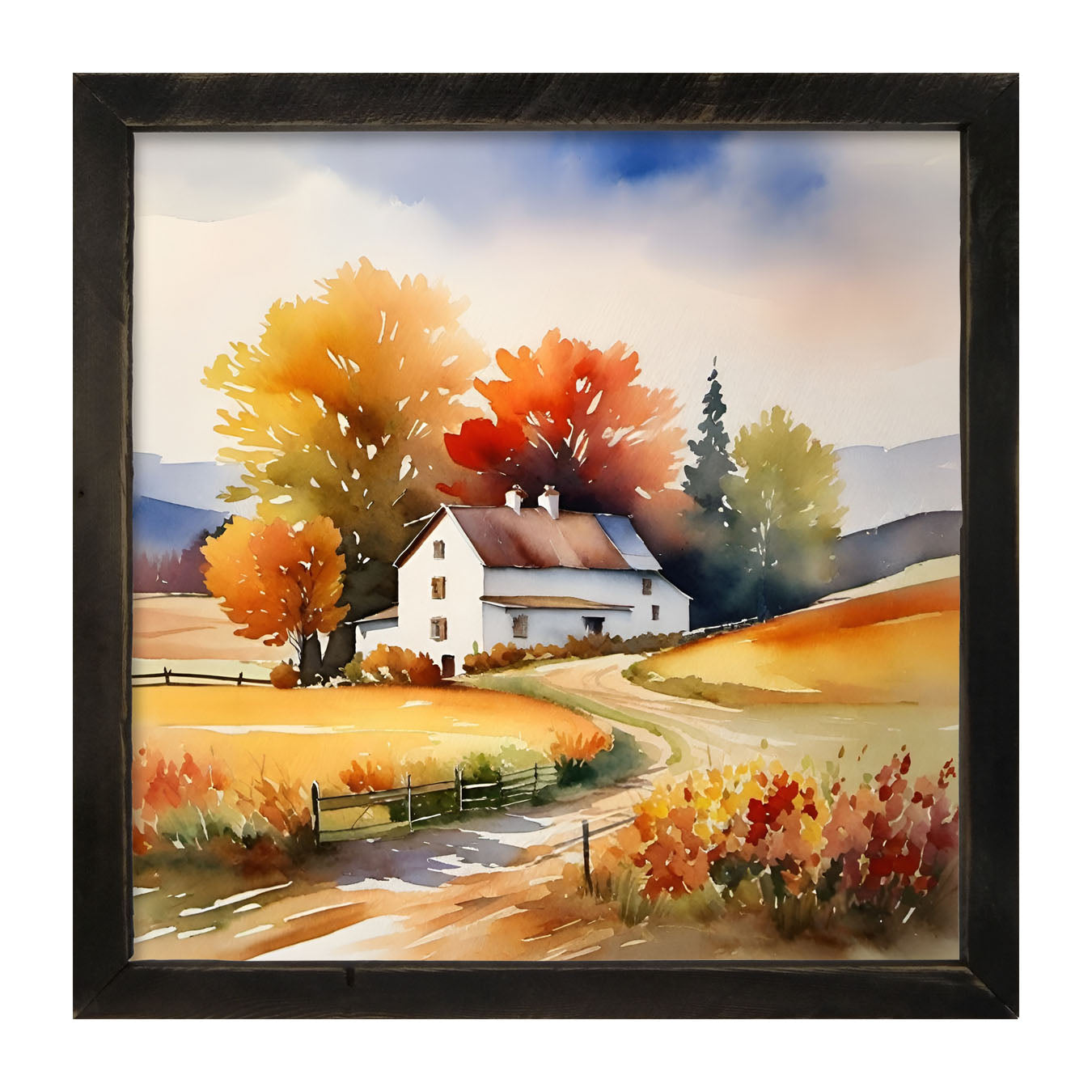 House at end of autumn driveway - Framed art