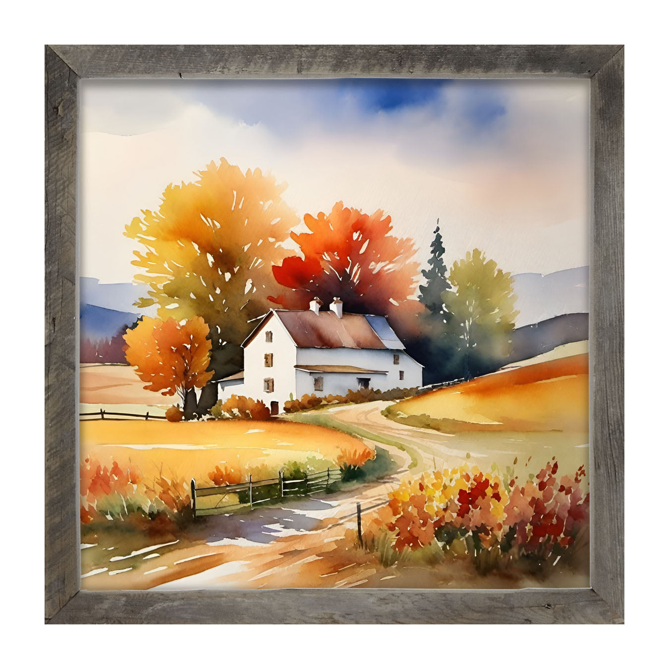 House at end of autumn driveway - Framed art