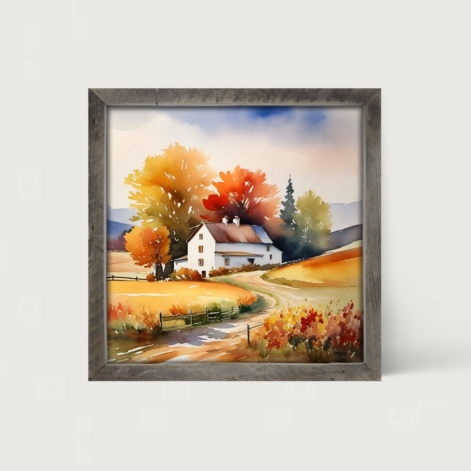 House at end of autumn driveway - Framed art
