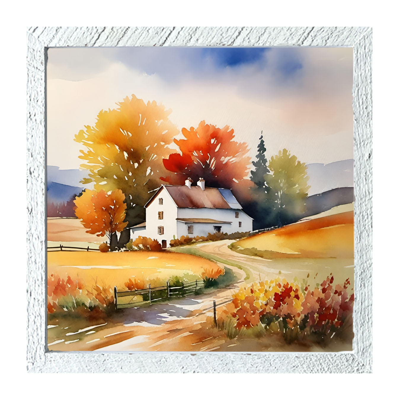 House at end of autumn driveway - Framed art