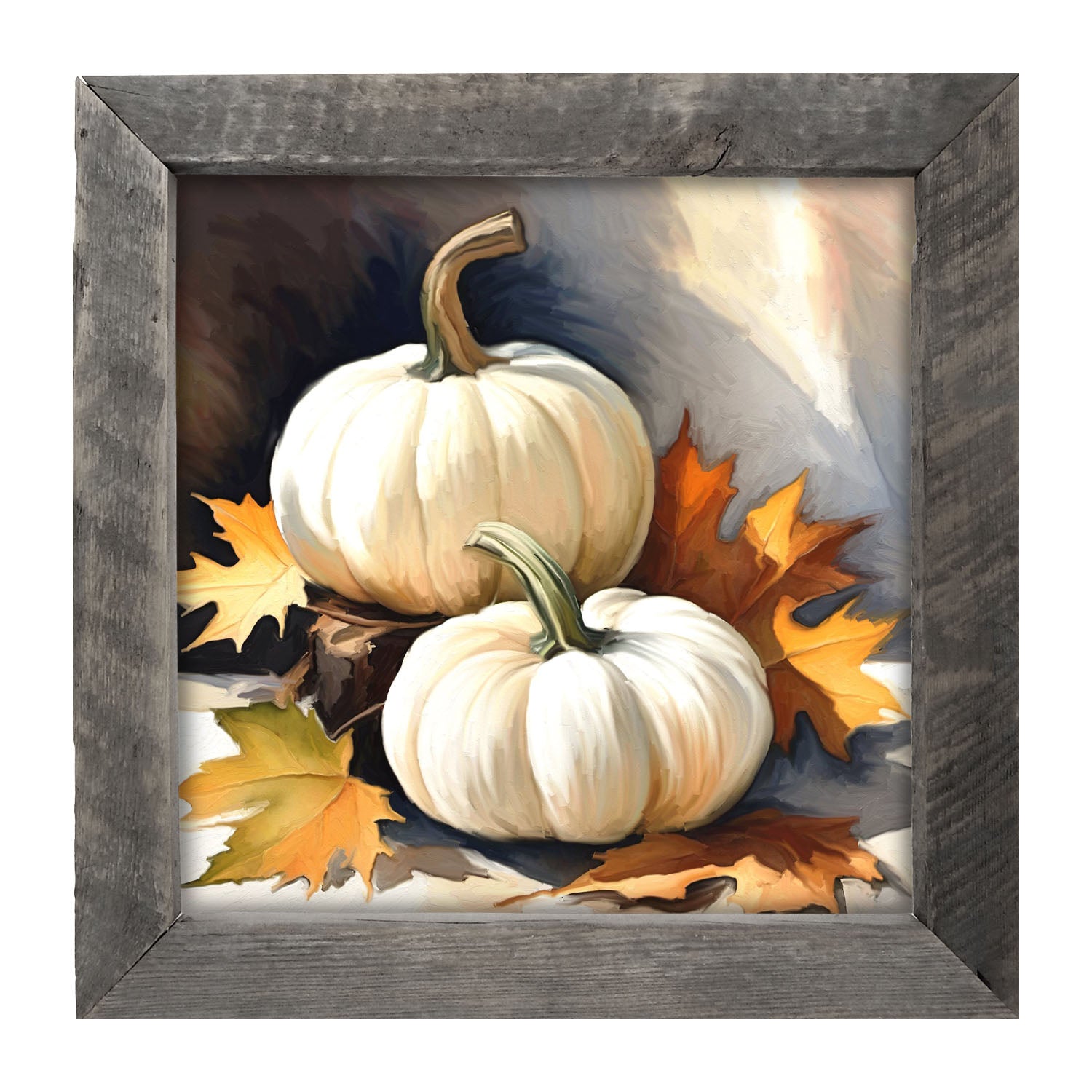 White pumpkins with fall leaves - Framed art