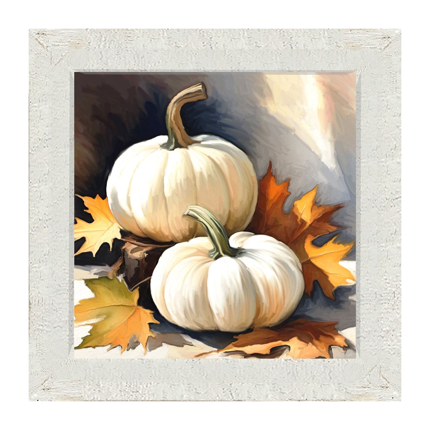 White pumpkins with fall leaves - Framed art