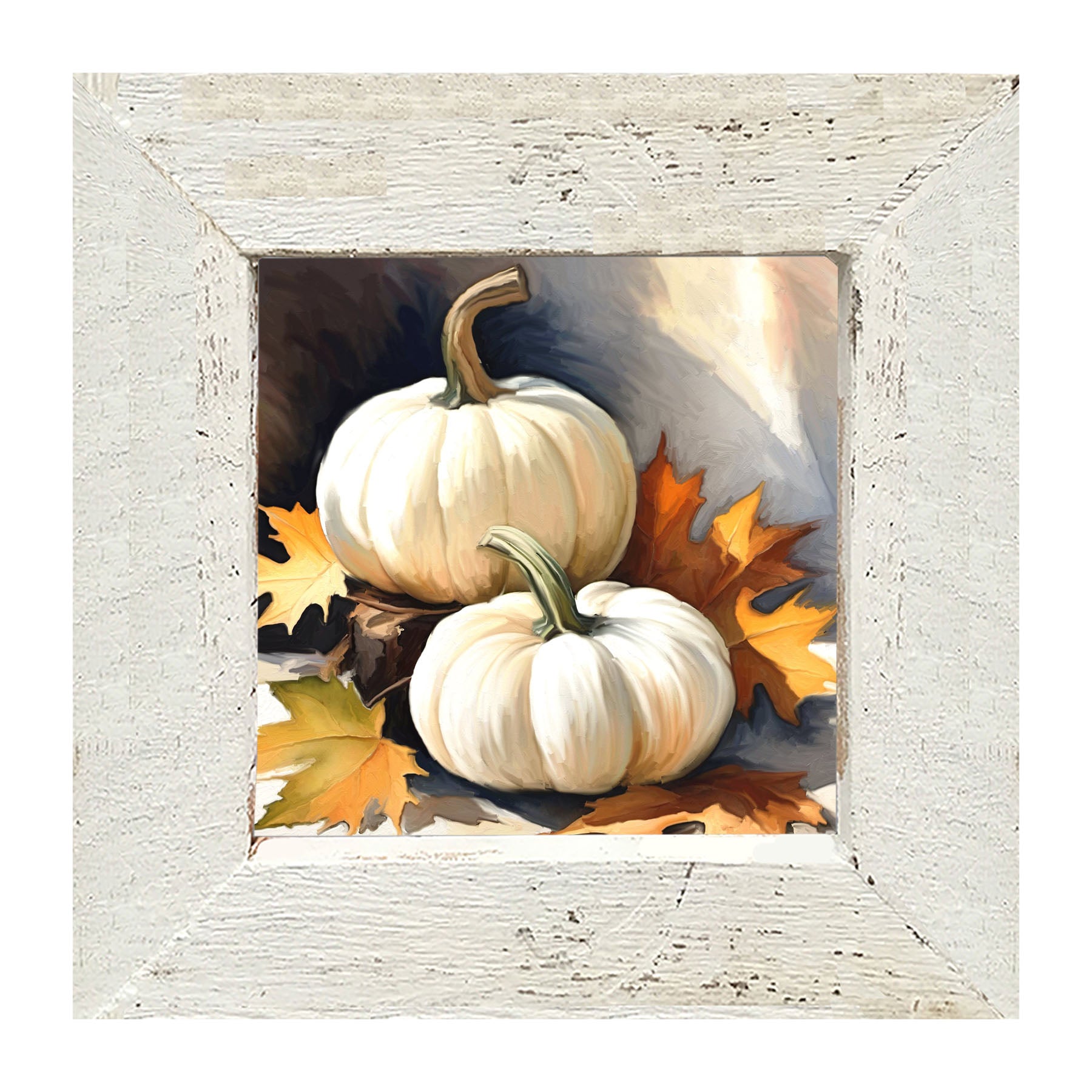 White pumpkins with fall leaves - Framed art