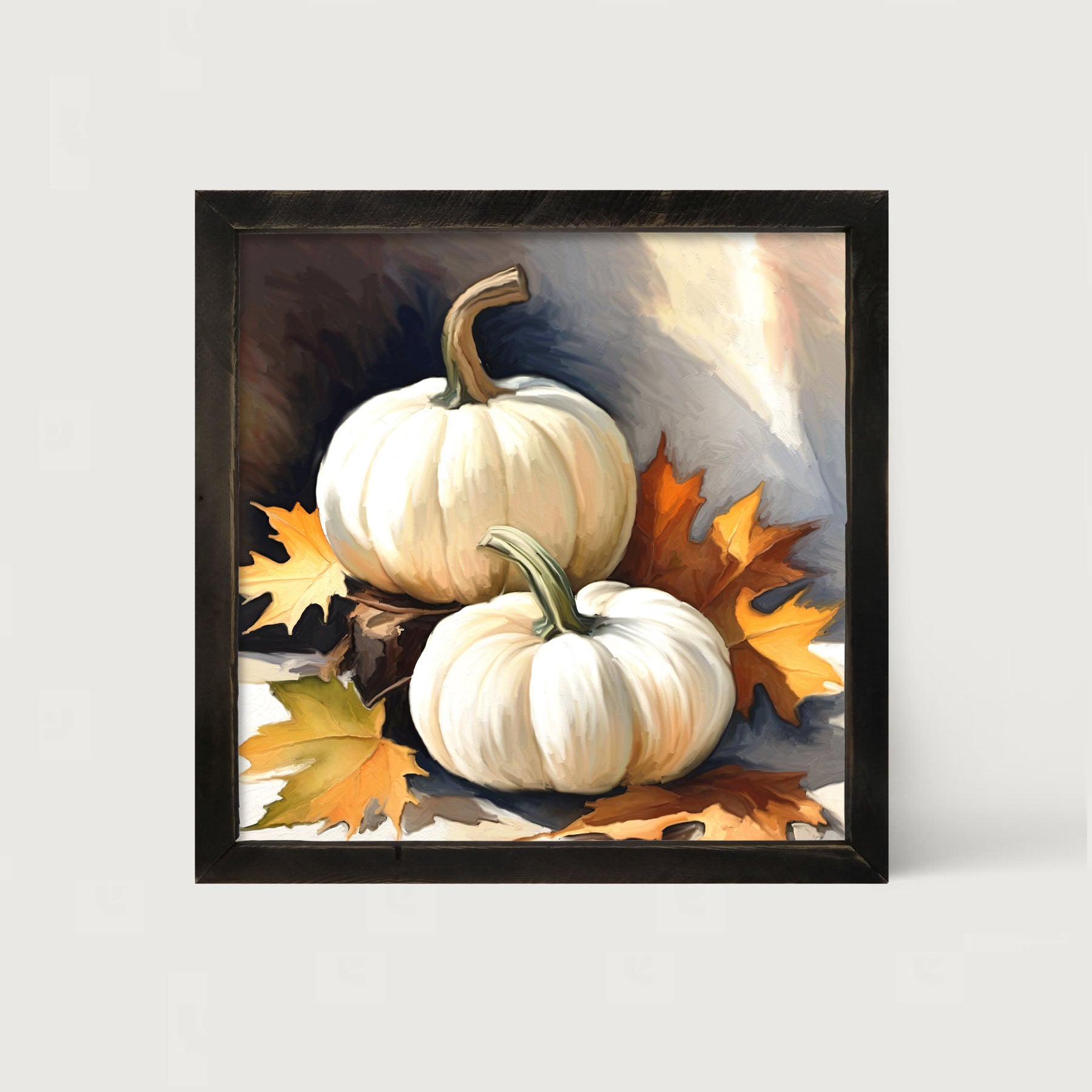 White pumpkins with fall leaves - Framed art