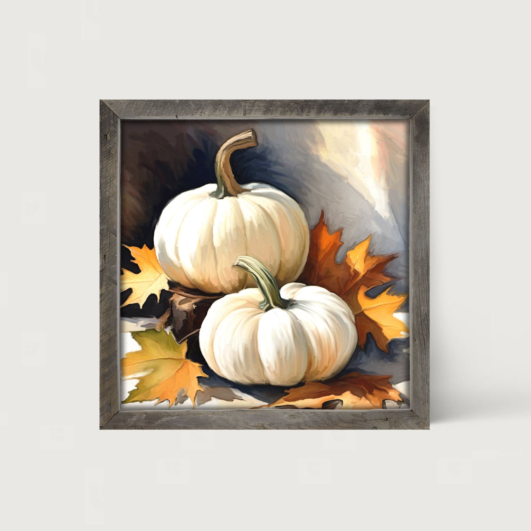 White pumpkins with fall leaves - Framed art