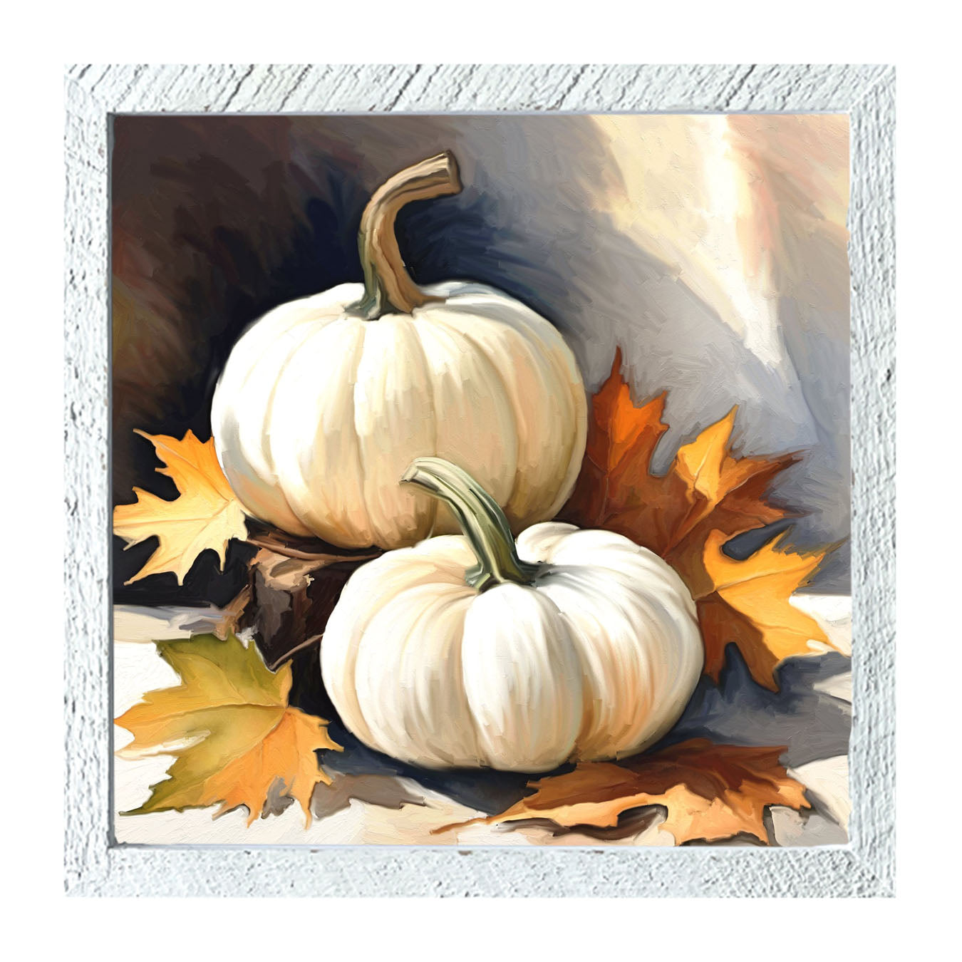 White pumpkins with fall leaves - Framed art