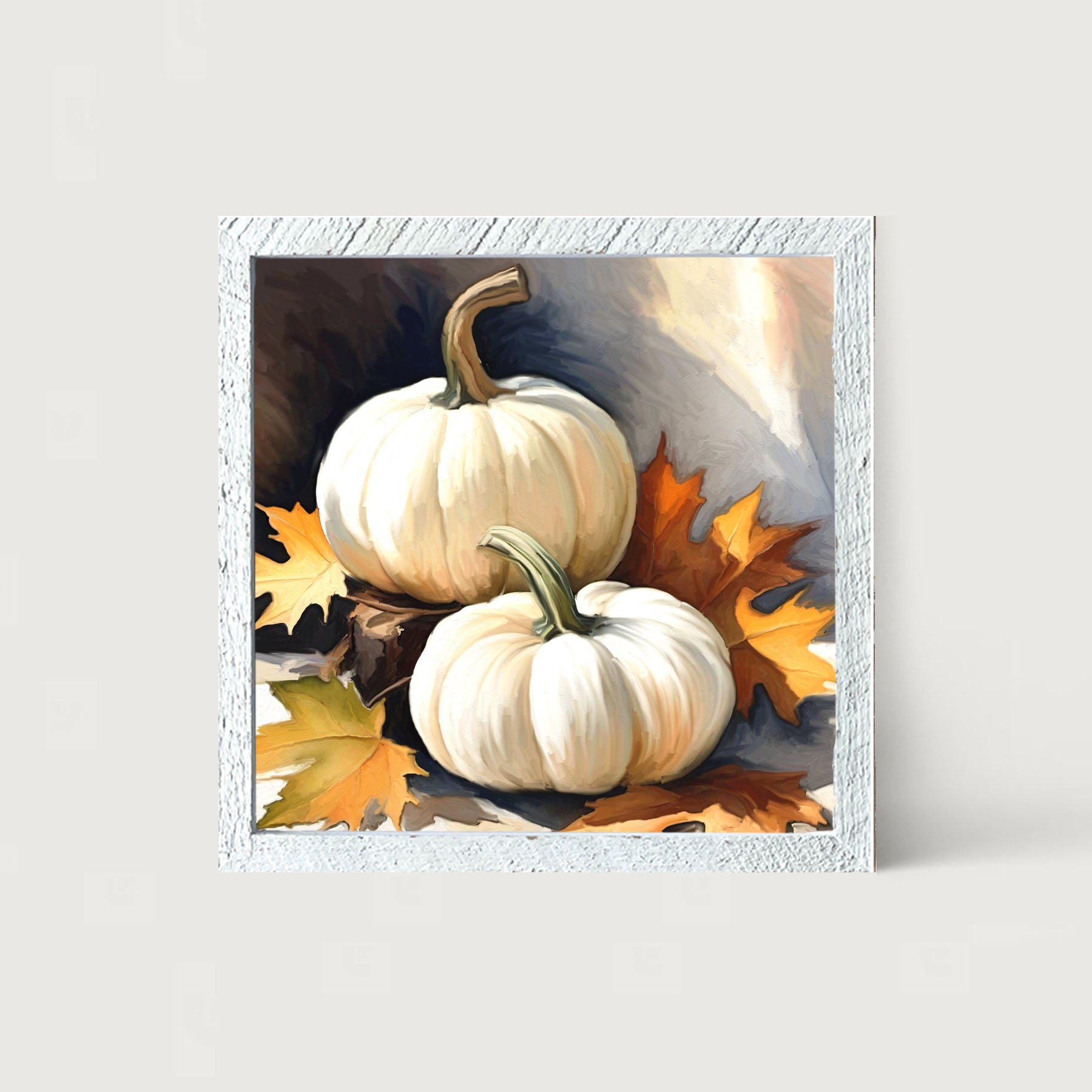 White pumpkins with fall leaves - Framed art