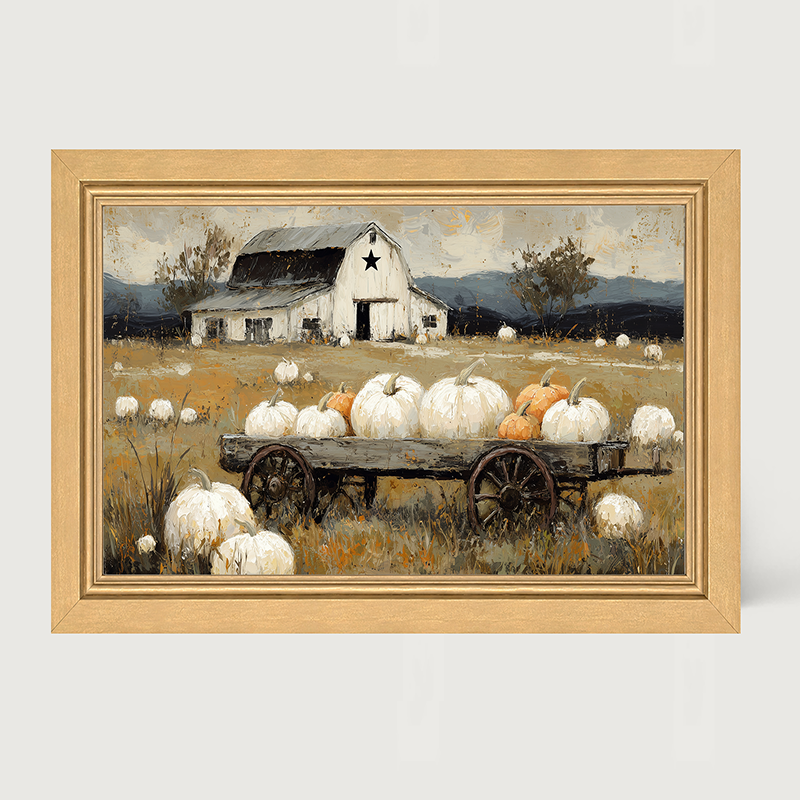 Pumpkin Wagon near Barn - Framed Art