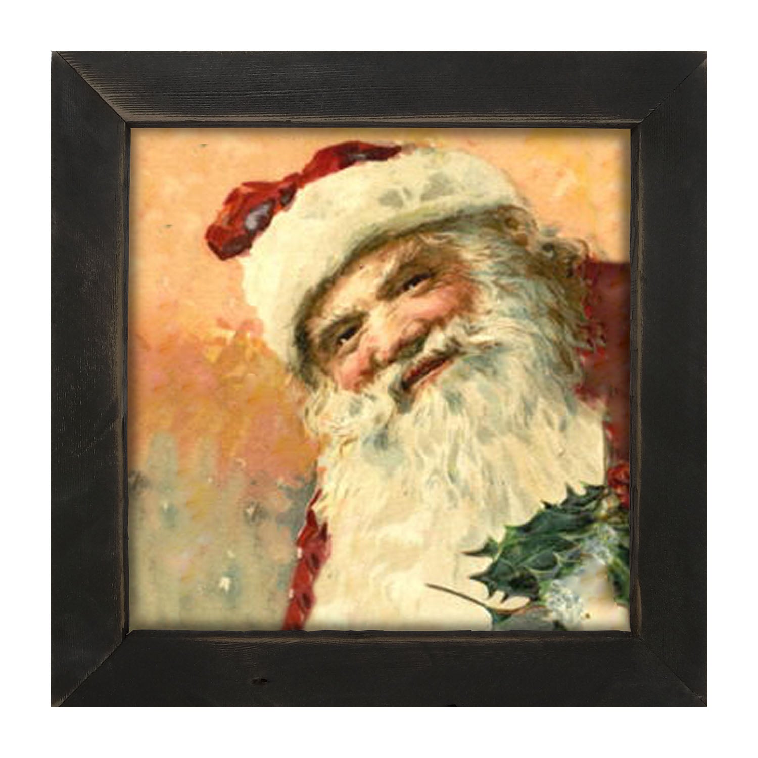 Gold Background Santa with Holly - Framed art