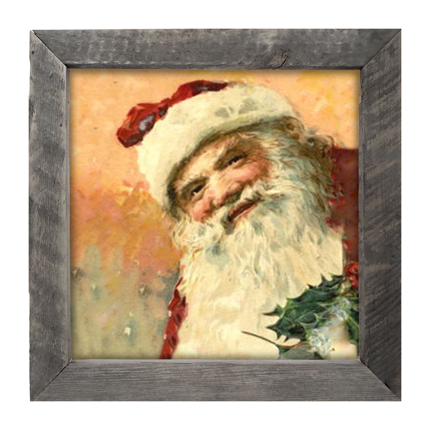 Gold Background Santa with Holly - Framed art