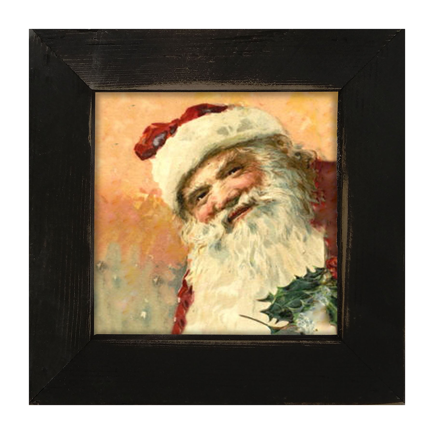 Gold Background Santa with Holly - Framed art