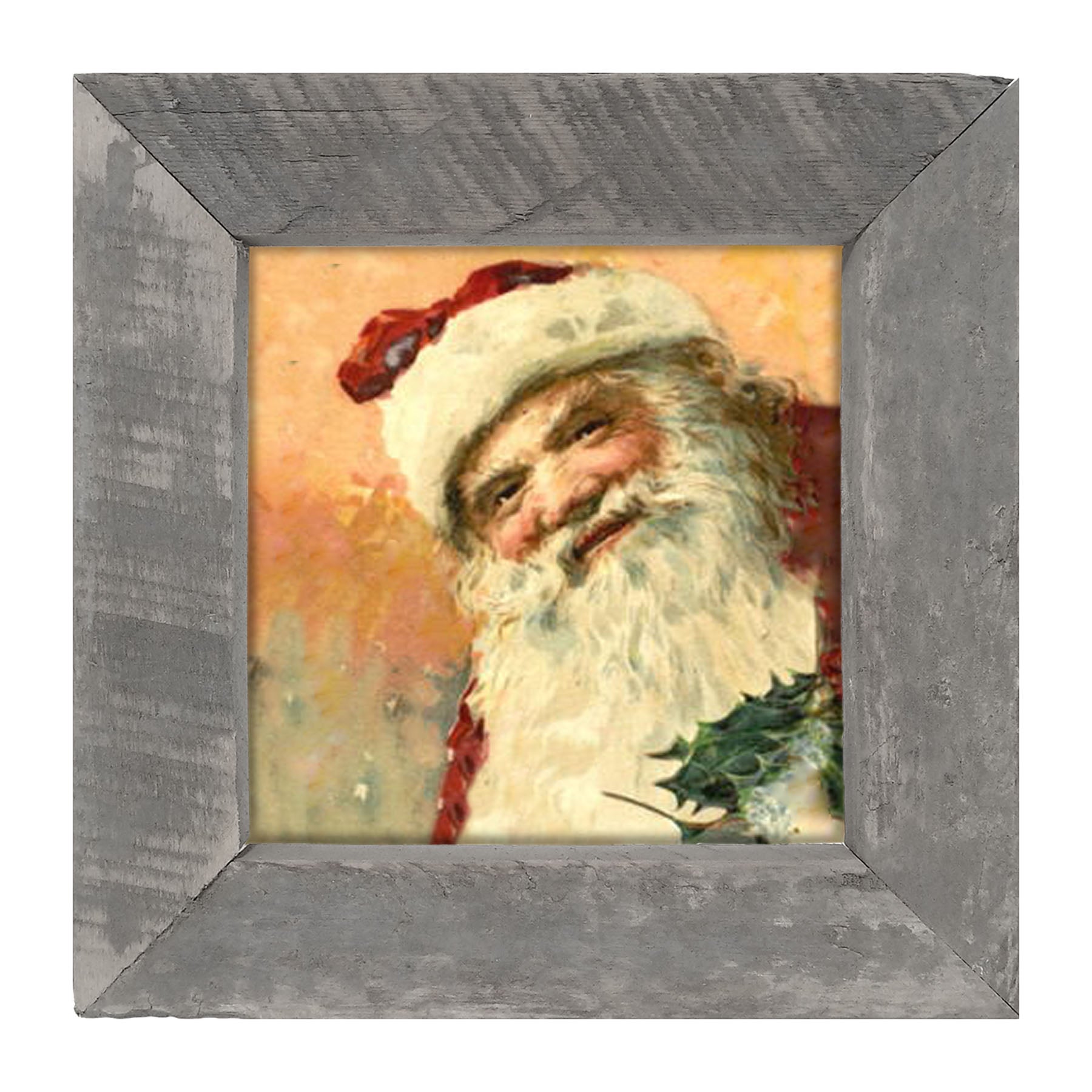 Gold Background Santa with Holly - Framed art