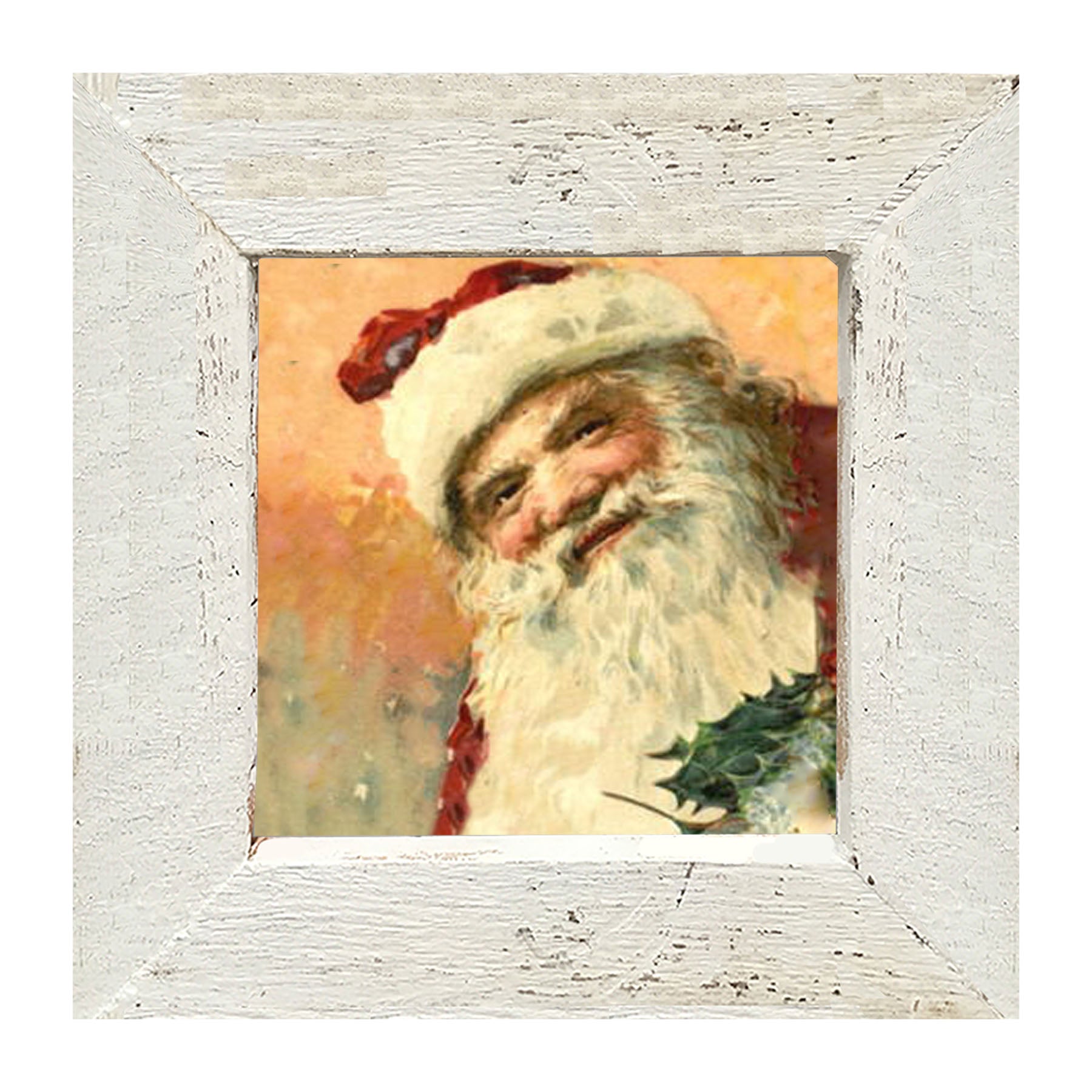 Gold Background Santa with Holly - Framed art