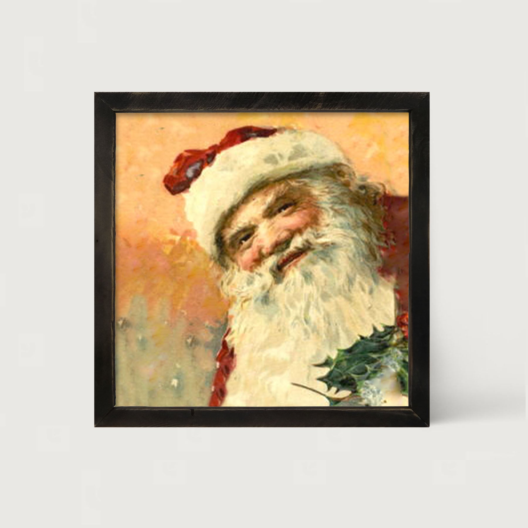 Gold Background Santa with Holly - Framed art