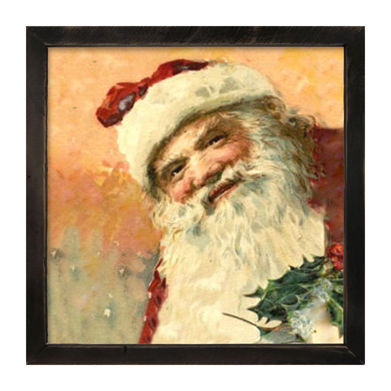 Gold Background Santa with Holly - Framed art