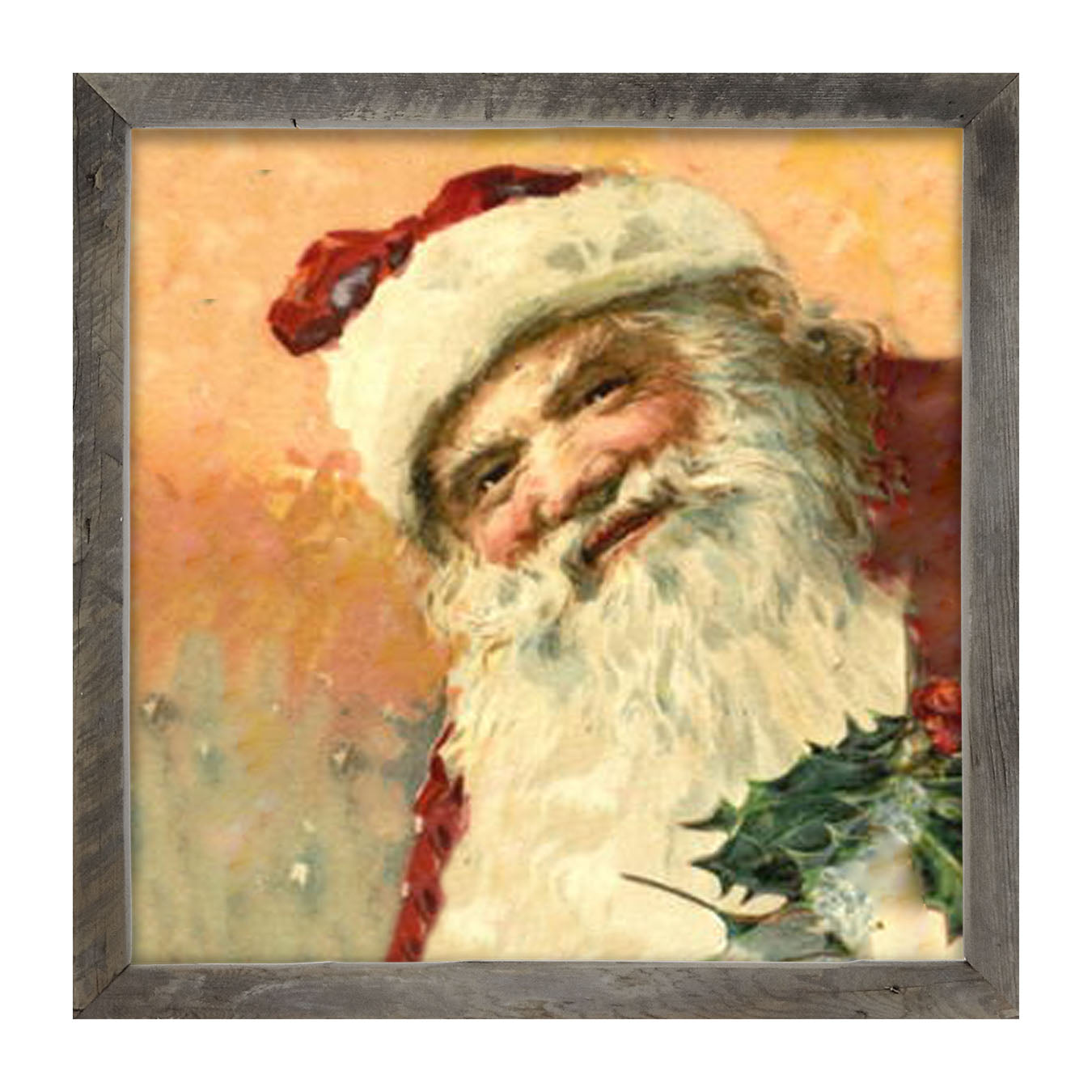 Gold Background Santa with Holly - Framed art